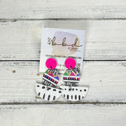 NAOMI -  Leather Earrings ON POST  ||  NEON PINK FINE GLITTER (ON CORK), <BR> GEOMETRIC PRINT, <BR>  WHITE WITH BLACK DASHES
