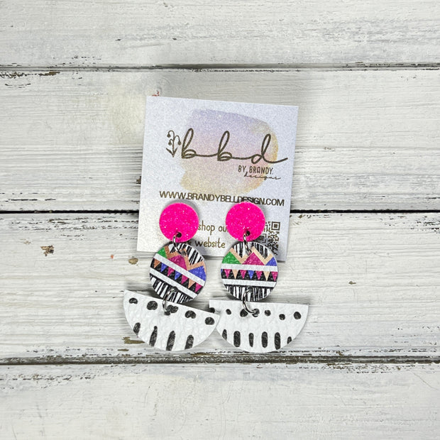 NAOMI -  Leather Earrings ON POST  ||  NEON PINK FINE GLITTER (ON CORK), <BR> GEOMETRIC PRINT, <BR>  WHITE WITH BLACK DASHES