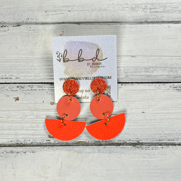 NAOMI -  Leather Earrings ON POST  ||  ORANGE FINE GLITTER (ON CORK), <BR> NEON ORANGE SAFFIANO, <BR>  NEON ORANGE SMOOTH