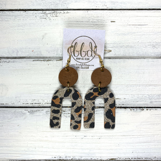 HOPE - Leather Earrings  ||   DISTRESSED BROWN, <BR> GOLD GLITTER CHEETAH CORK ON LEATHER