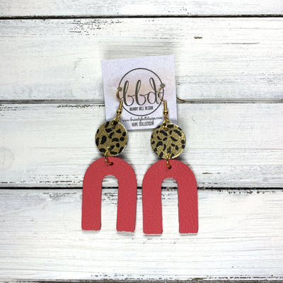 HOPE - Leather Earrings  ||  METALLIC GOLD & BLACK CHEETAH, <BR> MATTE CORAL PINK