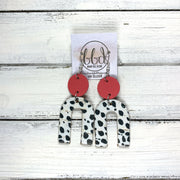 HOPE - Leather Earrings  ||  MATTE CORAL PINK, <BR> BLACK & WHITE DOTS CORK ON LEATHER