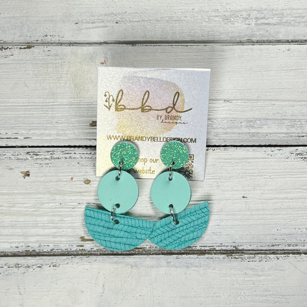 NAOMI -  Leather Earrings ON POST  ||  MINT FINE GLITTER (ON CORK), <BR> MATTE AQUA SMOOTH, <BR>  AQUA PALMS