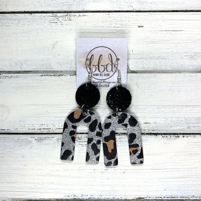 HOPE - Leather Earrings  ||  BLACK GLOSS DOTS, <BR> SILVER GLITTER CHEETAH CORK ON LEATHER