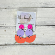 NAOMI -  Leather Earrings ON POST  ||  NEON PINK FINE GLITTER (ON CORK), <BR> MATTE LILAC SMOOTH, <BR>  NEON ORANGE SAFFIANO
