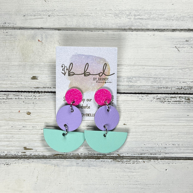 NAOMI -  Leather Earrings ON POST  ||  NEON PINK FINE GLITTER (ON CORK), <BR> MATTE LILAC SMOOTH, <BR> MATTE AQUA SMOOTH