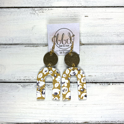 HOPE - Leather Earrings  ||  METALLIC GOLD SMOOTH, <BR> WHITE FLORAL ON MUSTARD