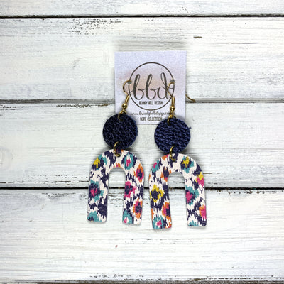 HOPE - Leather Earrings  ||  METALLIC NAVY PEBBLED, <BR> MULTICOLOR IKAT PRINT