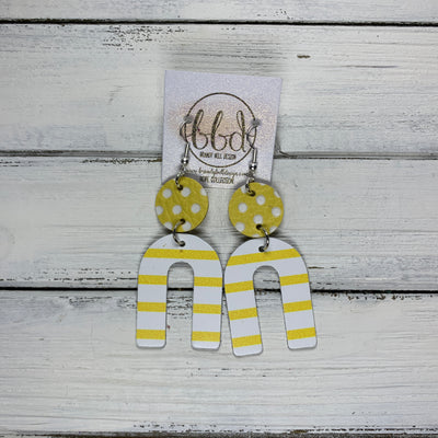 HOPE - Leather Earrings  ||  YELLOW & WHITE POLKADOTS, <BR> YELLOW & WHITE STRIPES