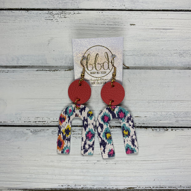 HOPE - Leather Earrings  ||  MATTE CORAL PINK, <BR> MULTICOLOR IKAT PRINT