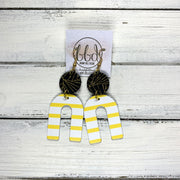 HOPE - Leather Earrings  ||    METALLIC GOLD & BLACK CHINESE FANS, <BR> YELLOW AND WHITE STRIPE