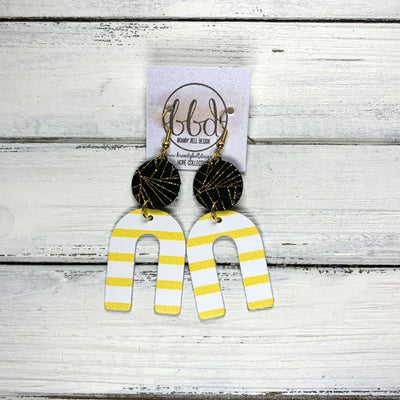 HOPE - Leather Earrings  ||    METALLIC GOLD & BLACK CHINESE FANS, <BR> YELLOW AND WHITE STRIPE