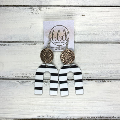 HOPE - Leather Earrings  ||  METALLIC ROSE GOLD BRAIDED, <BR> BLACK & WHITE STRIPES