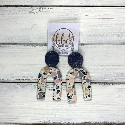 HOPE - Leather Earrings  ||  SHIMMER NAVY, <BR> GRANITE MOSIAC CORK ON LEATHER