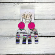 HOPE - Leather Earrings  || MATTE NEON PINK, <BR> PINK & PURPLE GEOMETRIC PRINT