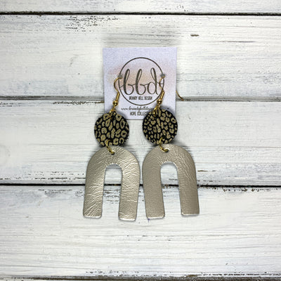 HOPE - Leather Earrings  || BLACK & GOLD MINI CHEETAH, <BR> METALLIC CHAMPAGNE SMOOTH