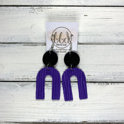 HOPE - Leather Earrings  || BLACK GLITTER , <BR> GRAPE PURPLE PALMS