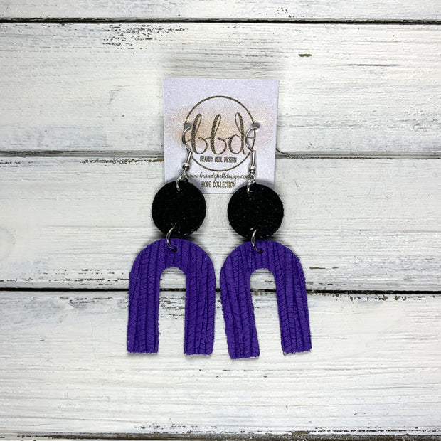 HOPE - Leather Earrings  || BLACK GLITTER , <BR> GRAPE PURPLE PALMS