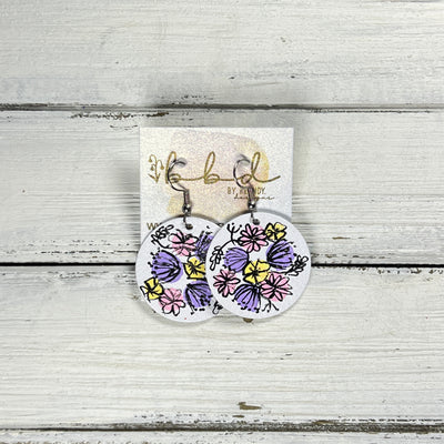 HAND-PAINTED CIRCLE -  Leather Earrings  ||  Hand-painted earrings by Brandy Bell (LILAC/PINK/YELLOW)