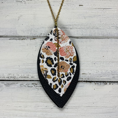 CHELSEA - Double-Sided Leather Necklace  ||  <BR> CORAL FLORAL CHEETAH, <BR> MATTE BLACK