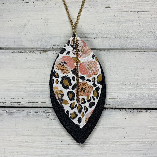 CHELSEA - Double-Sided Leather Necklace  ||  <BR> CORAL FLORAL CHEETAH, <BR> MATTE BLACK