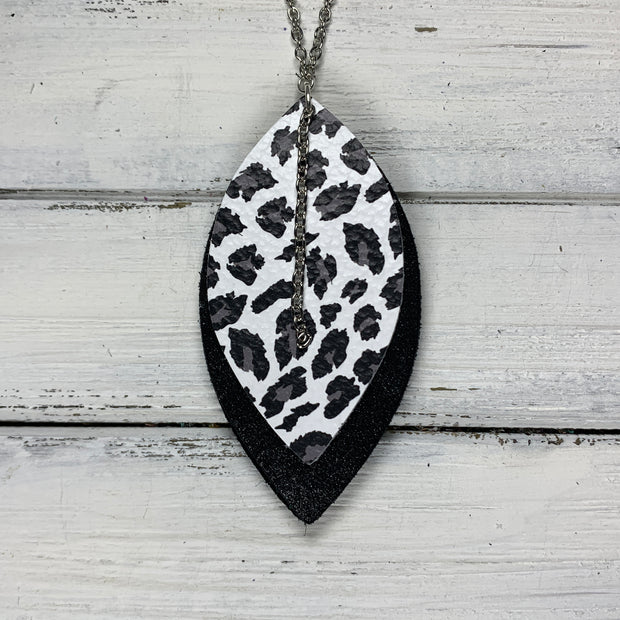 CHELSEA - Double-Sided Leather Necklace  ||  <BR> WHITE & GRAY CHEETAH, <BR> SHIMMER BLACK