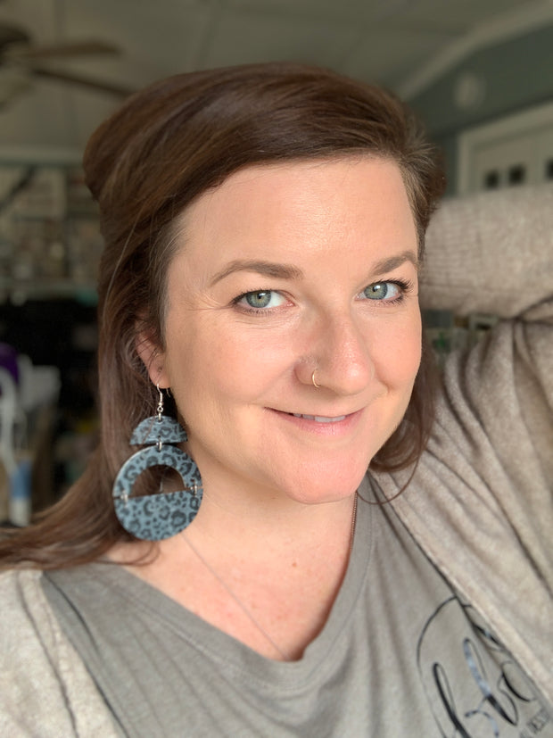 OLIVIA -  Leather Earrings  ||   *2 SIZES!* <BR> *CORK* BLACK & GRAY LEOPARD PRINT (choose "U" or "N" shape)