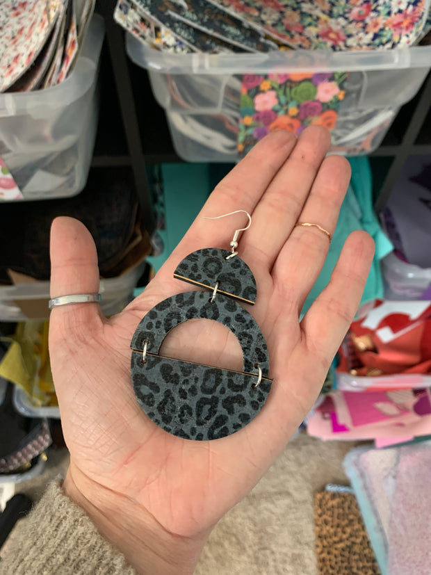 OLIVIA -  Leather Earrings  ||   *2 SIZES!* <BR> *CORK* BLACK & GRAY LEOPARD PRINT (choose "U" or "N" shape)
