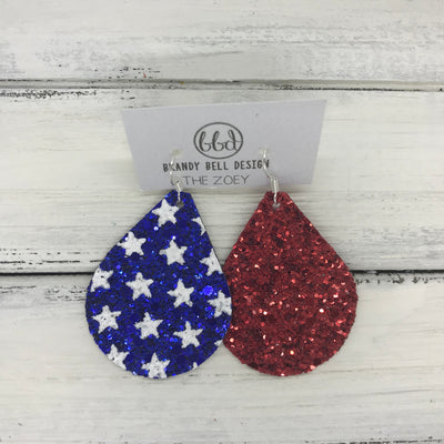 ZOEY (3 sizes available!) -  GLITTER ON CANVAS Earrings  (not leather)  ||  <BR> BLUE WITH STARS & RED (MIXED MATCH)