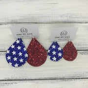ZOEY (3 sizes available!) -  GLITTER ON CANVAS Earrings  (not leather)  ||  <BR> BLUE WITH STARS & RED (MIXED MATCH)