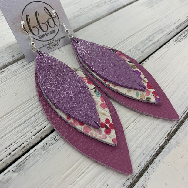 INDIA - Leather Earrings   ||  <BR> SHIMMER LILAC, <BR> PINK & PURPLE FLORAL ON WHITE, <BR> MATTE MAUVE
