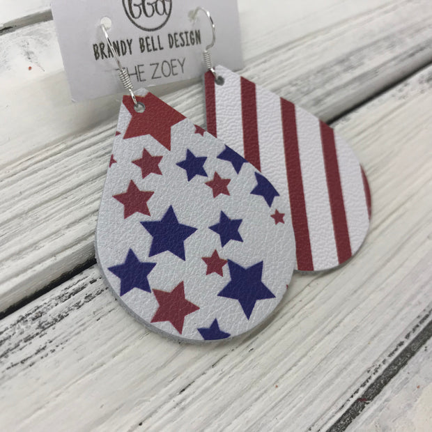 ZOEY (3 sizes available!) -  Leather Earrings  ||  <BR> AMERICANA STARS <BR> WHITE WITH RED STRIPE