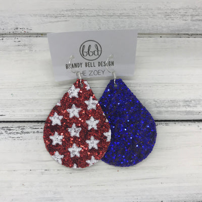 ZOEY (3 sizes available!) -  GLITTER ON CANVAS Earrings  (not leather)  ||  <BR> RED WITH STARS & ROYAL BLUE (MIXED MATCH)