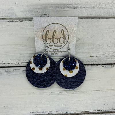 GRAY - Leather Earrings  ||    <BR> NAVY GLITTER (NOT REAL LEATHER), <BR> WHITE WITH GOLD POLKADOTS,  <BR> METALLIC NAVY PEBBLED