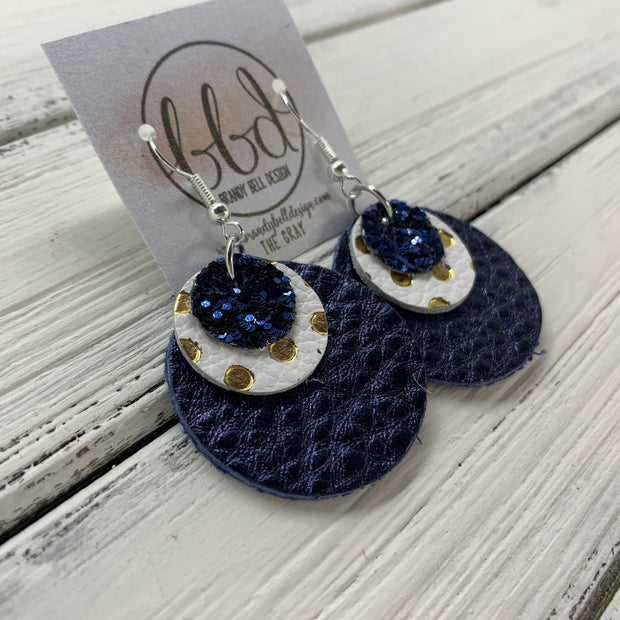 GRAY - Leather Earrings  ||    <BR> NAVY GLITTER (NOT REAL LEATHER), <BR> WHITE WITH GOLD POLKADOTS,  <BR> METALLIC NAVY PEBBLED