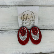 DIANE - Leather Earrings  ||    <BR> RED GLITTER (FAUX LEATHER), <BR> METALLIC SILVER SAFFIANO, <BR> METALLIC RED SMOOTH