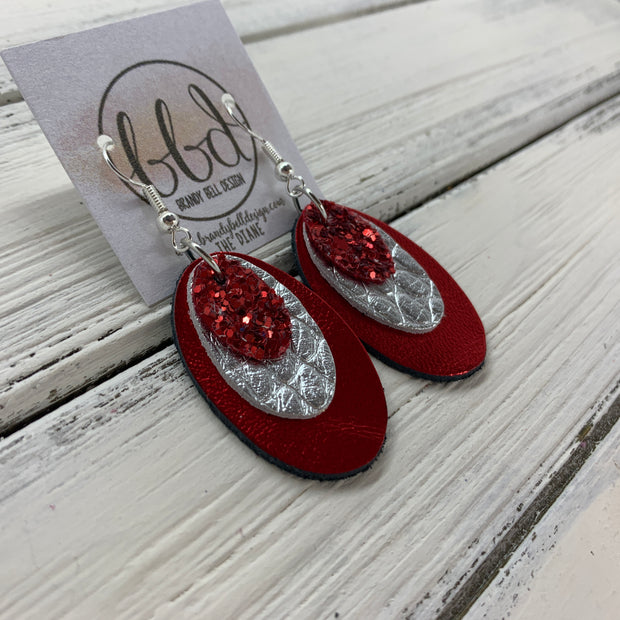 DIANE - Leather Earrings  ||    <BR> RED GLITTER (FAUX LEATHER), <BR> METALLIC SILVER SAFFIANO, <BR> METALLIC RED SMOOTH