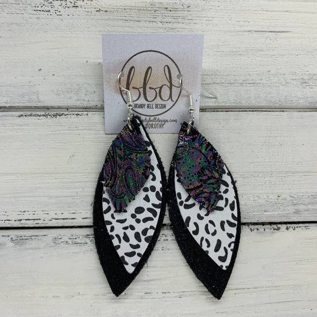 DOROTHY - Leather Earrings  ||  <BR> IRIDESCENT PAISLEY, <BR>BLACK & WHITE CHEETAH, <BR> SHIMMER BLACK