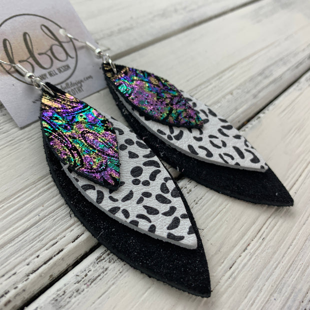 DOROTHY - Leather Earrings  ||  <BR> IRIDESCENT PAISLEY, <BR>BLACK & WHITE CHEETAH, <BR> SHIMMER BLACK
