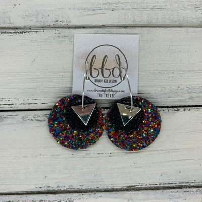 TRIXIE - Leather Earrings  ||    <BR> SILVER TRIANGLE, <BR> BLACK GLOSS DOTS,  <BR> GUMDROPS & LOLLIPOPS GLITTER (FAUX LEATHER)