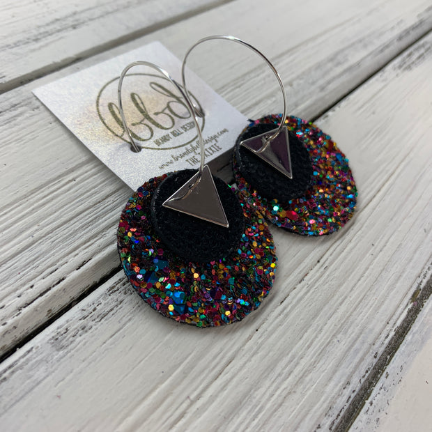 TRIXIE - Leather Earrings  ||    <BR> SILVER TRIANGLE, <BR> BLACK GLOSS DOTS,  <BR> GUMDROPS & LOLLIPOPS GLITTER (FAUX LEATHER)