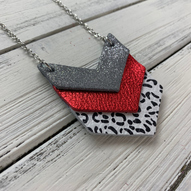 EMERSON - Leather Necklace  ||  <BR> SHIMMER GRAY, <BR> METALLIC RED PEBBLED, <BR>BLACK & WHITE CHEETAH