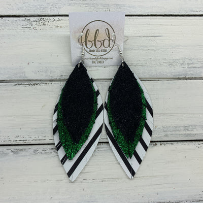 INDIA - Leather Earrings   ||  <BR>  SHIMMER BLACK,  <BR> SHIMMER DARK GREEN,  <BR> BLACK & WHITE STRIPES