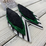 INDIA - Leather Earrings   ||  <BR>  SHIMMER BLACK,  <BR> SHIMMER DARK GREEN,  <BR> BLACK & WHITE STRIPES