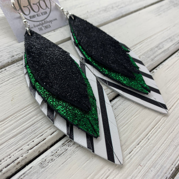 INDIA - Leather Earrings   ||  <BR>  SHIMMER BLACK,  <BR> SHIMMER DARK GREEN,  <BR> BLACK & WHITE STRIPES