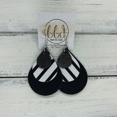 LINDSEY - Leather Earrings  ||   <BR>  SHIMMER PEWTER, <BR> BLLACK & WHITE STRIPE,  <BR> MATTE BLACK