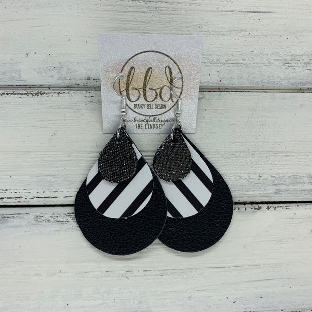 LINDSEY - Leather Earrings  ||   <BR>  SHIMMER PEWTER, <BR> BLLACK & WHITE STRIPE,  <BR> MATTE BLACK