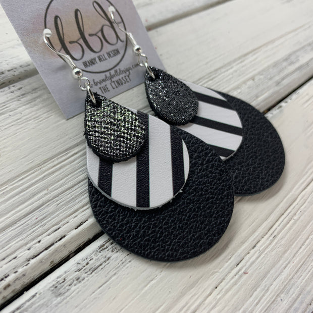 LINDSEY - Leather Earrings  ||   <BR>  SHIMMER PEWTER, <BR> BLLACK & WHITE STRIPE,  <BR> MATTE BLACK