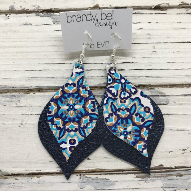 EVE - Leather Earrings  || MOROCCAN TILE & METALLIC NAVY PEBBLED