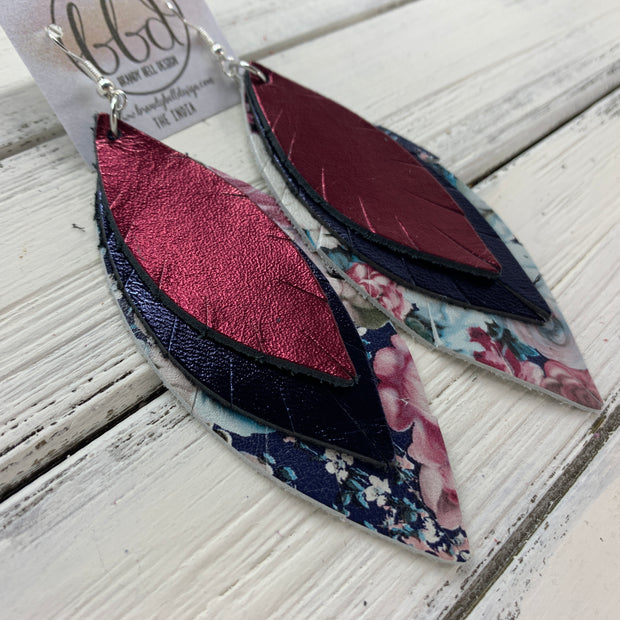INDIA - Leather Earrings   ||  <BR>  METALLIC CRANBERRY SMOOTH,  <BR> METALLIC NAVY SMOOTH,  <BR> VINTAGE FLORAL